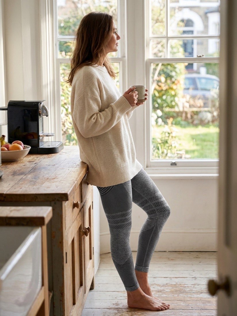 Grey high-waisted 3D compression leggings, back view showing zoned textured knit panels