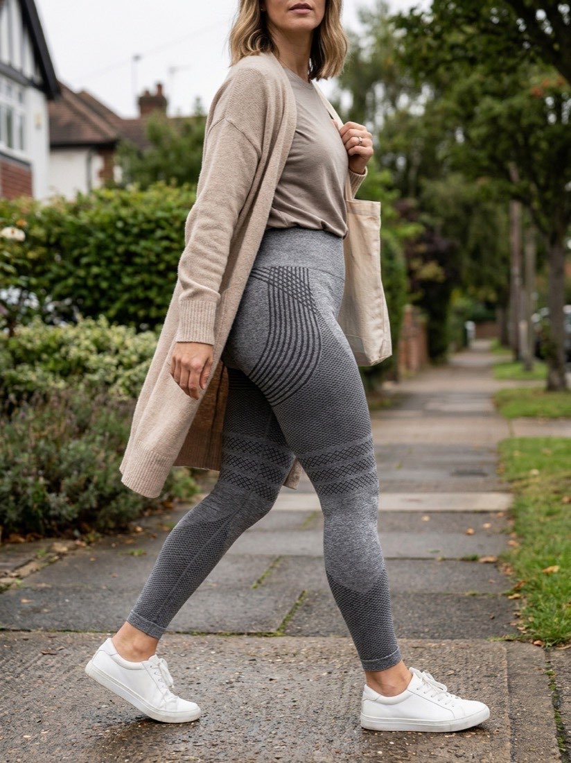 Black high-waisted 3D compression leggings worn standing, side view